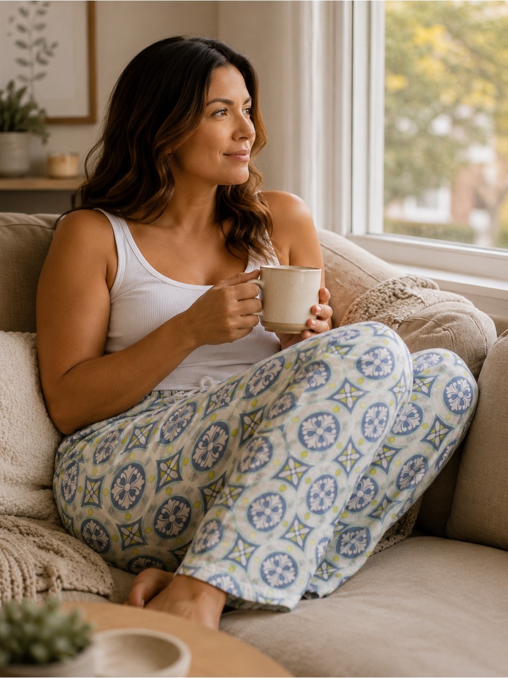 Joe Fresh White Pajama Pants with Blue and Yellow Tile Print
